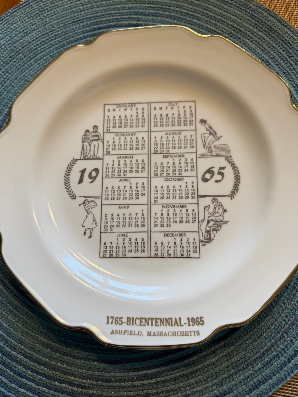 1965 Ashfield, MA Bicentennial Decorative Dinner Plate - White with Gold Trim